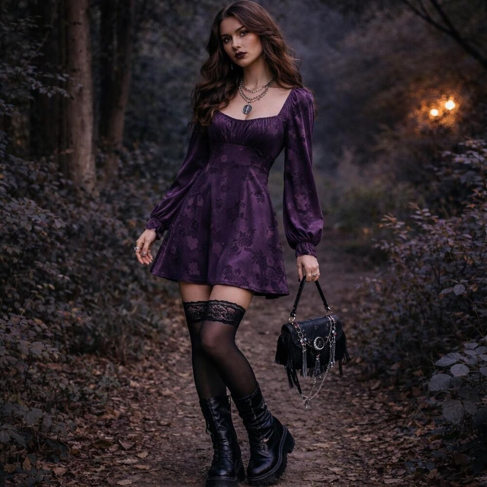 Whimsigoth Y2K Dark Purple Satin Floral Babydoll Dress Sz M Romantic Goth Fairy
